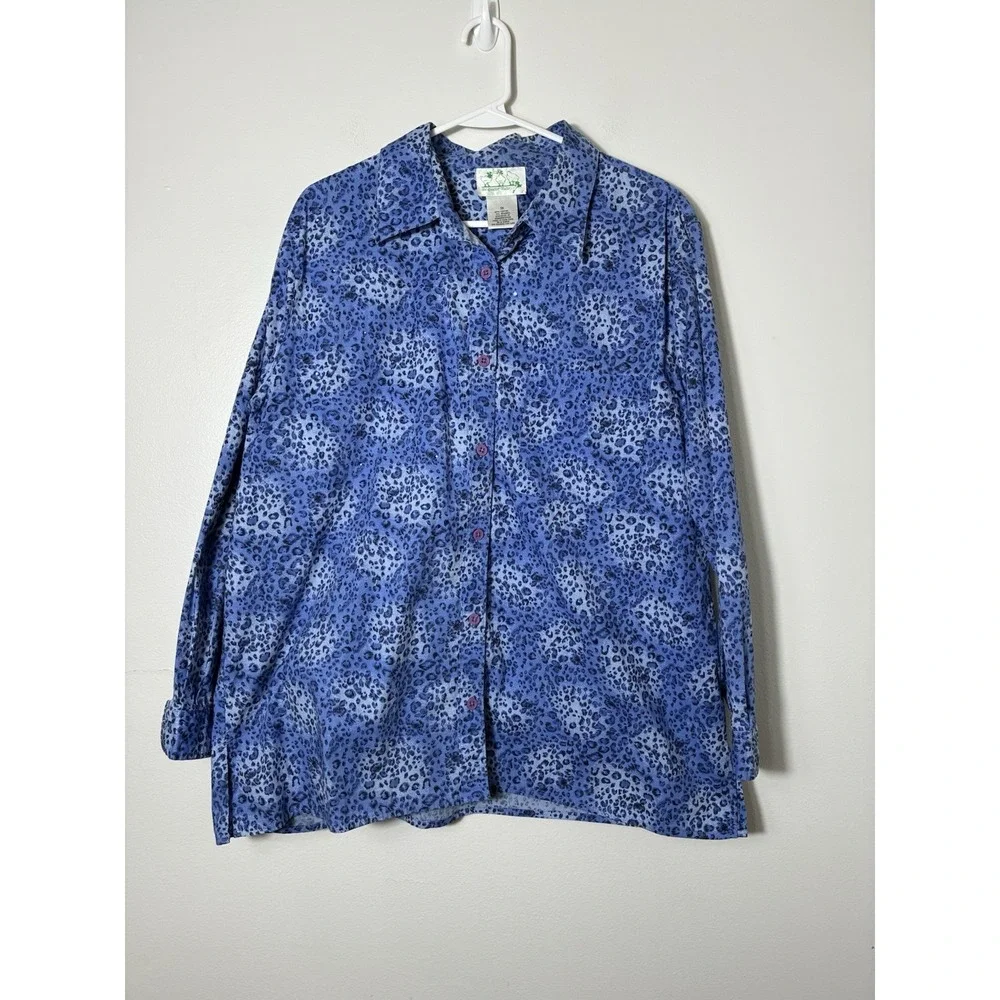 Quacker factory Button Up Shirt With Rinestones Sz XL‎ Blue Animal Print Cotton